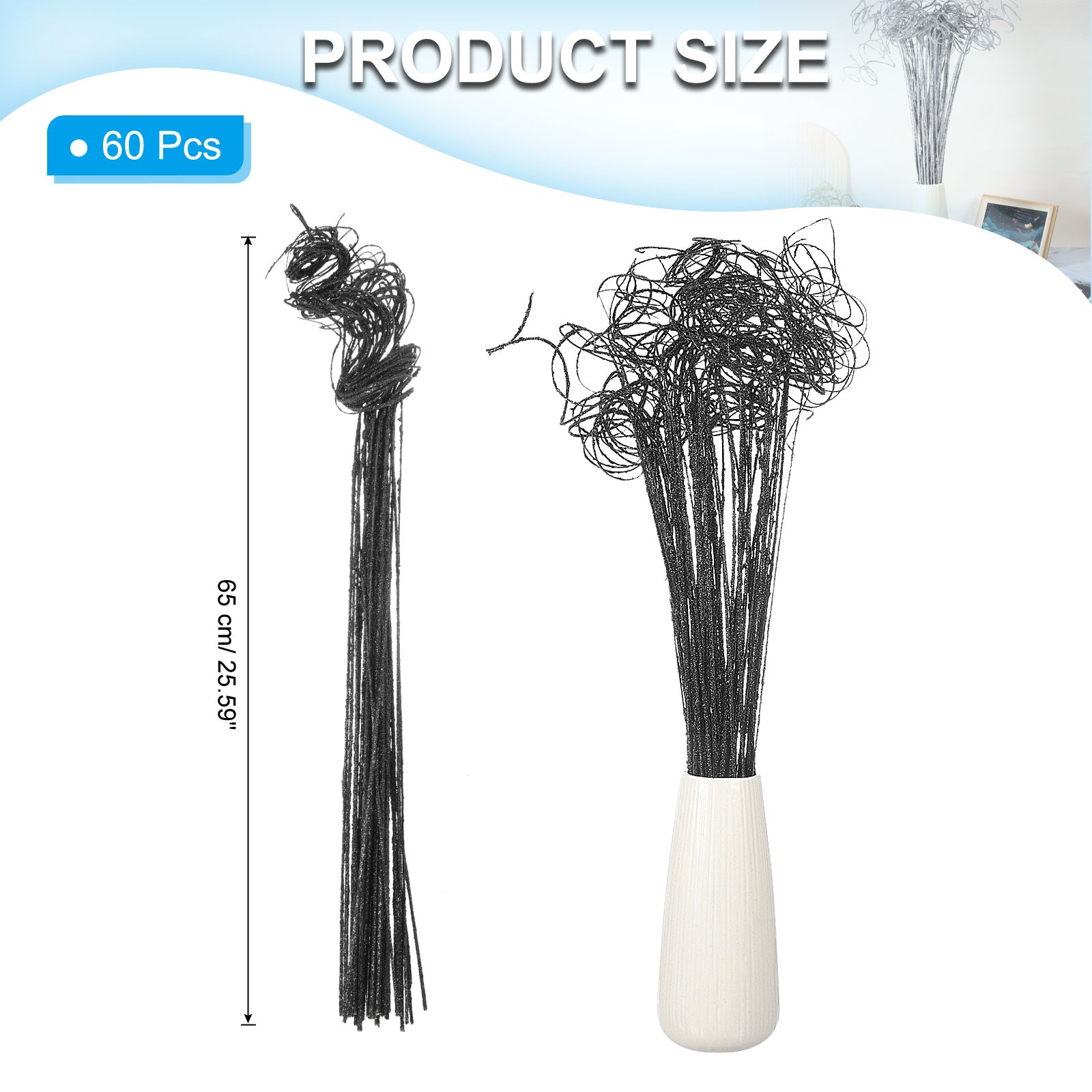 60 Pcs Glitter Dried Curly Willow Branches Natural Branches Twigs, Black