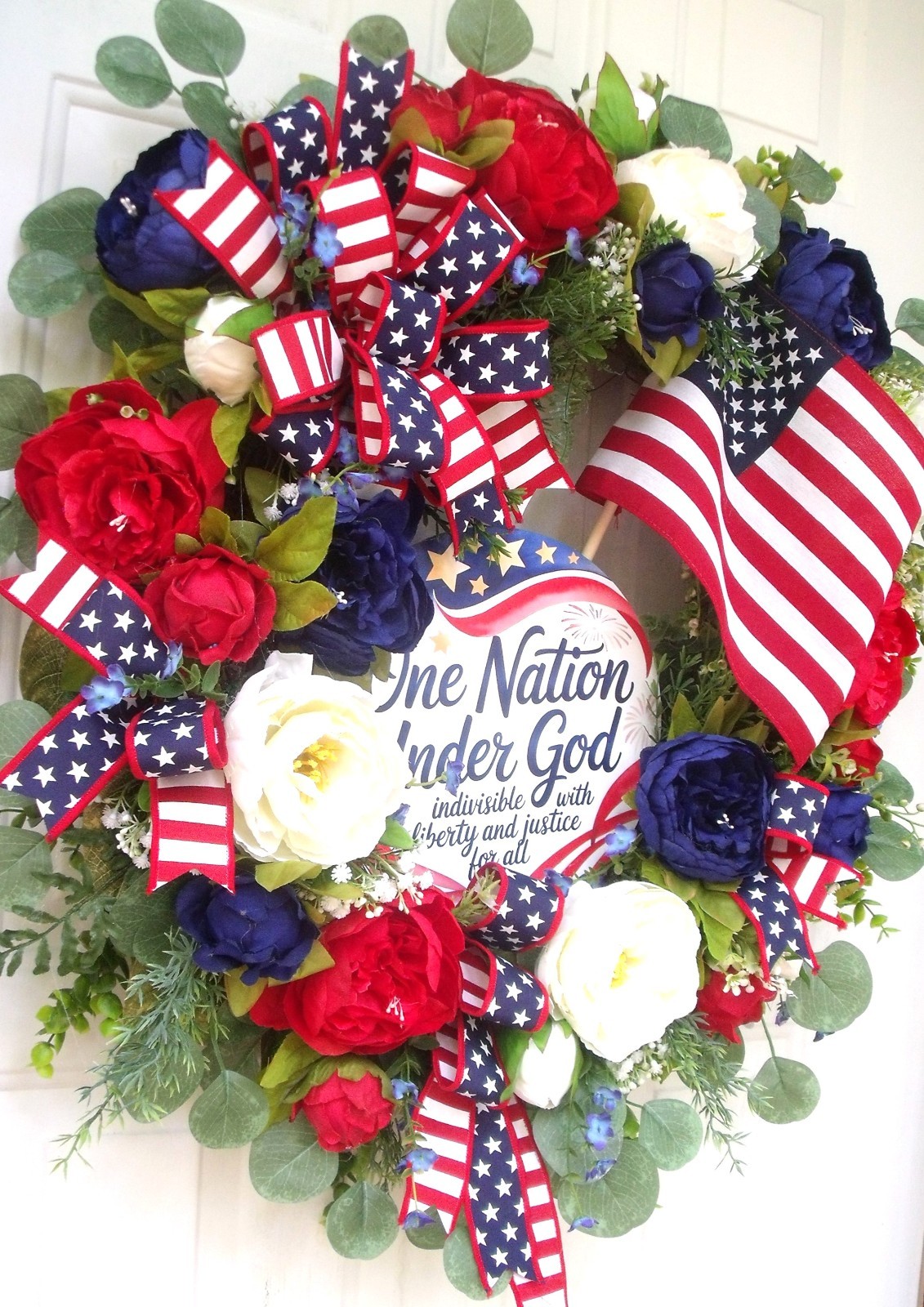 Patriotic Peony/Flag Wreath, Red/White/Blue, One Nation Under God