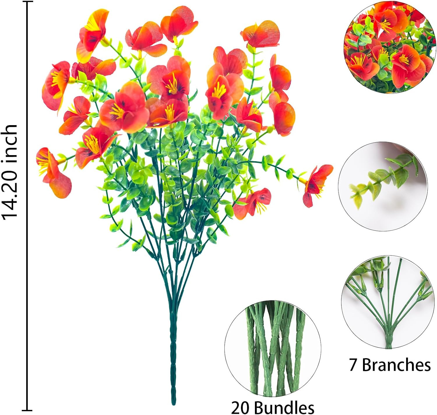 UV Resistant Faux Outdoor Flowers – 20 Bundles of Orange Red Shrubs