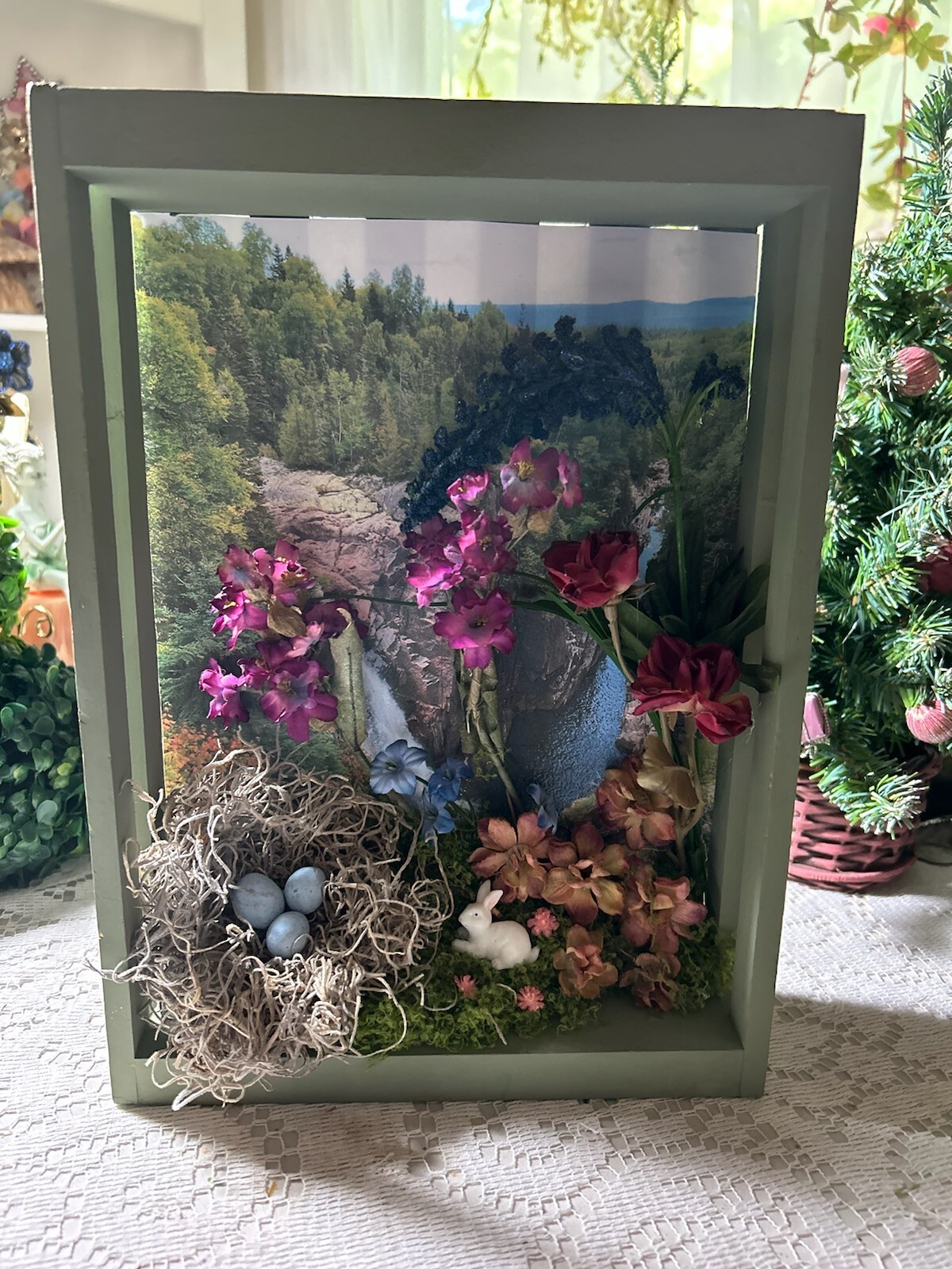 Handmade Nature Diorama Waterfall Birds Nest Dried Flowers