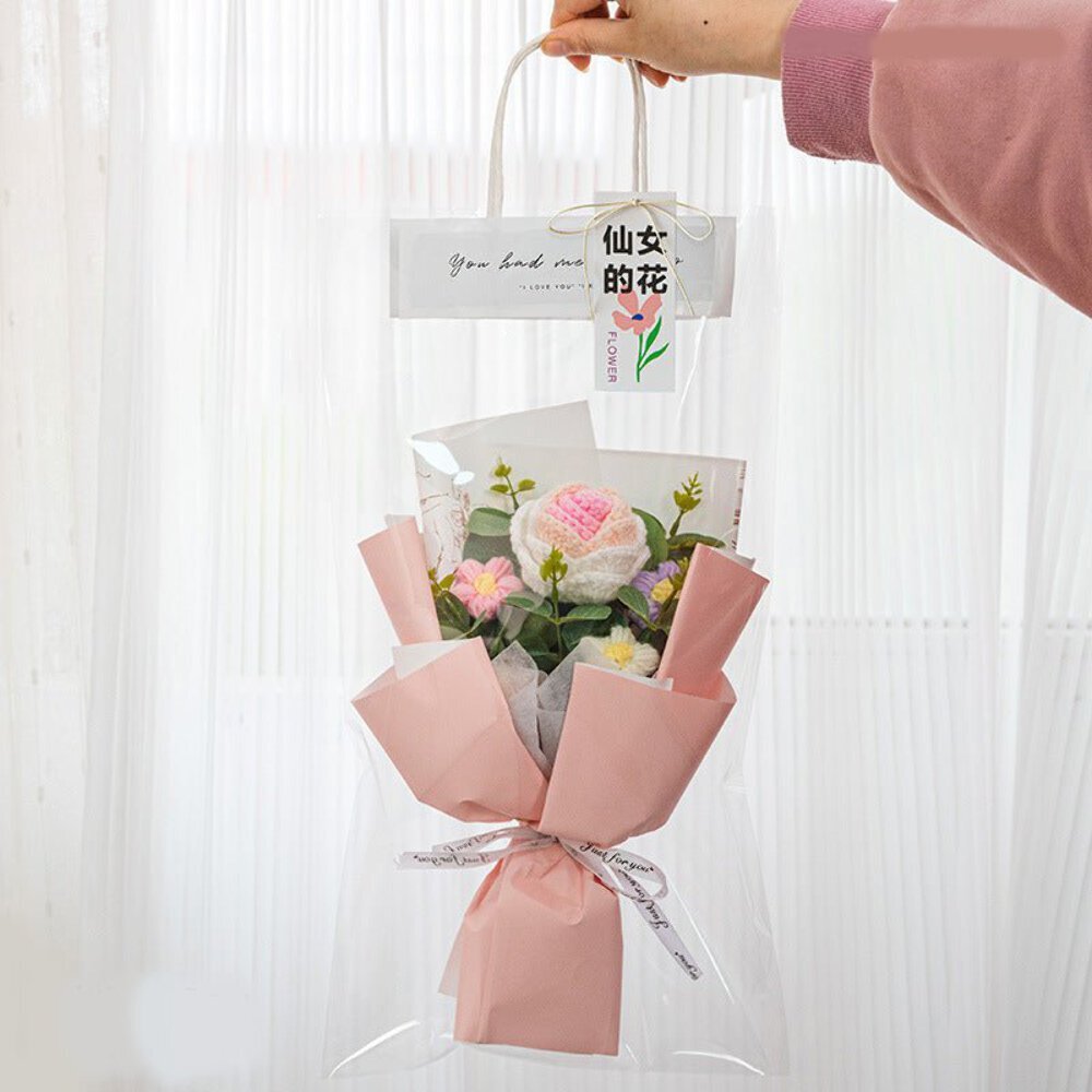 Rose Crochet Flowers Bouquet Knitted Flower Wrap with Light and Bag for Gift Hom