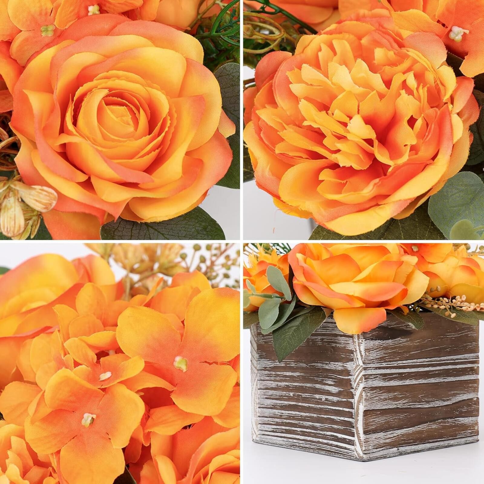 Artificial Flower Arrangement, 8” Orange Roses Peonies Hydrangeas in Wooden