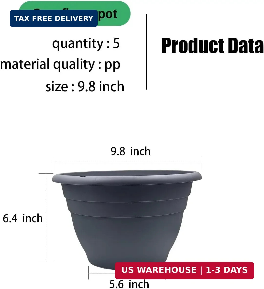 RooTrimmer 5 Pack 10 Inch Plant Pots for Indoor Outdoor,Plastic Floor Planters w