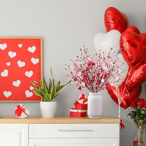 Heart Shaped Berry Picks 6 Pcs Artificial Red Berry Twig Flowers Stem Green