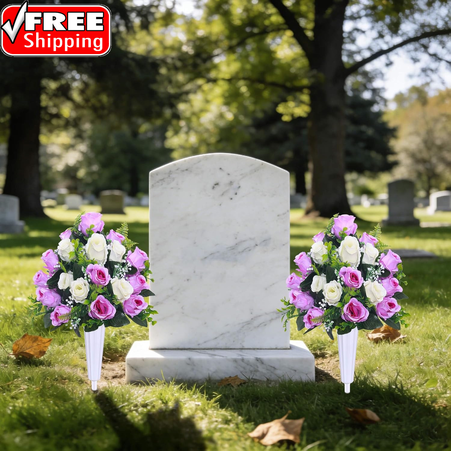 Artificial Cemetery Flowers,Set of 2 Grave Decorations Roses, Tombstone Memorial