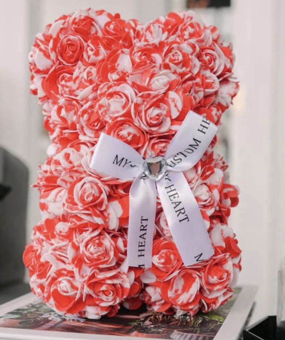9” Artificial Rose Teddy Bear Pink White Gift ~ Anniversary Valentine Decor