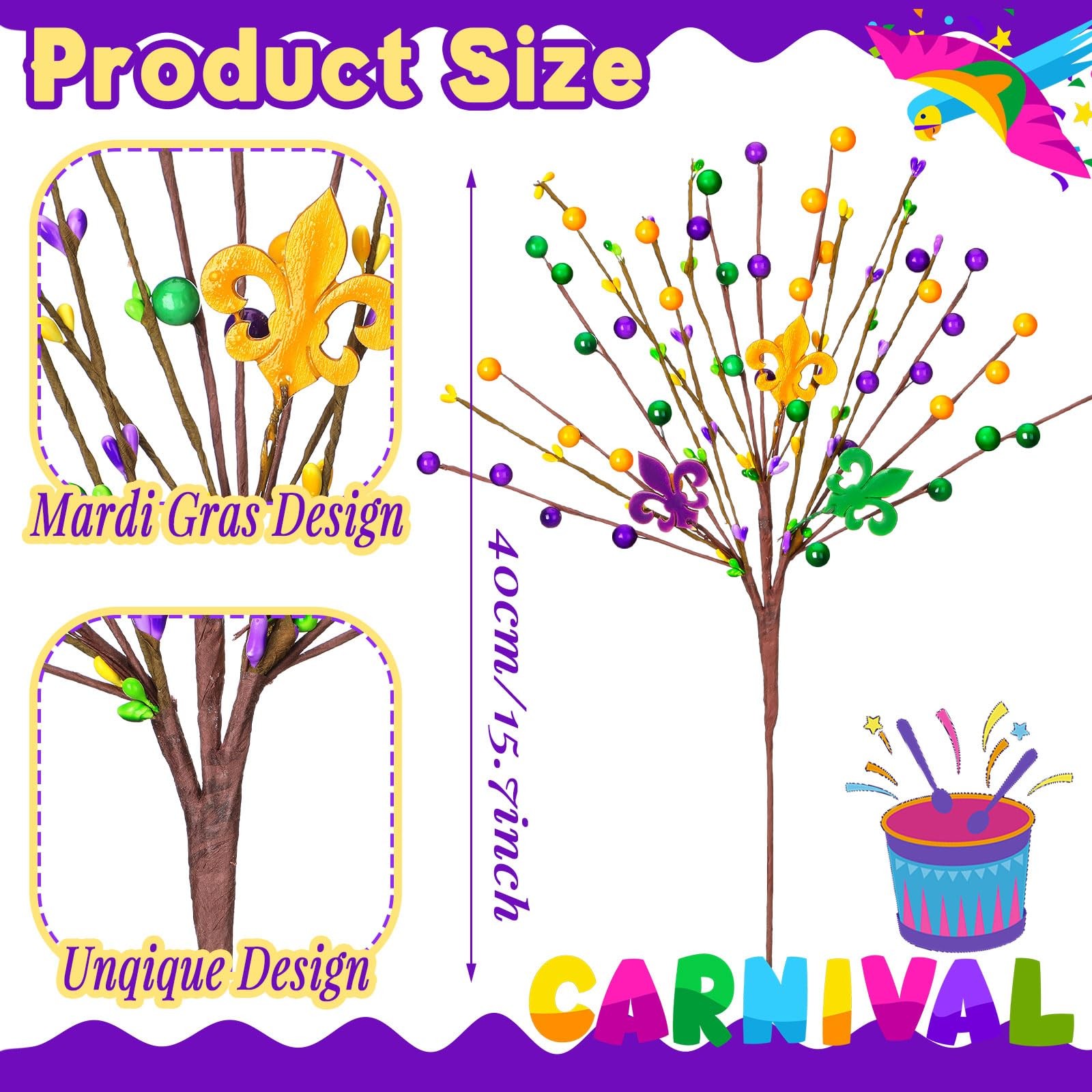 10 Pcs Mardi Gras Decoration Mardi Gras Picks 15.75” Purple Gold Green Berry…