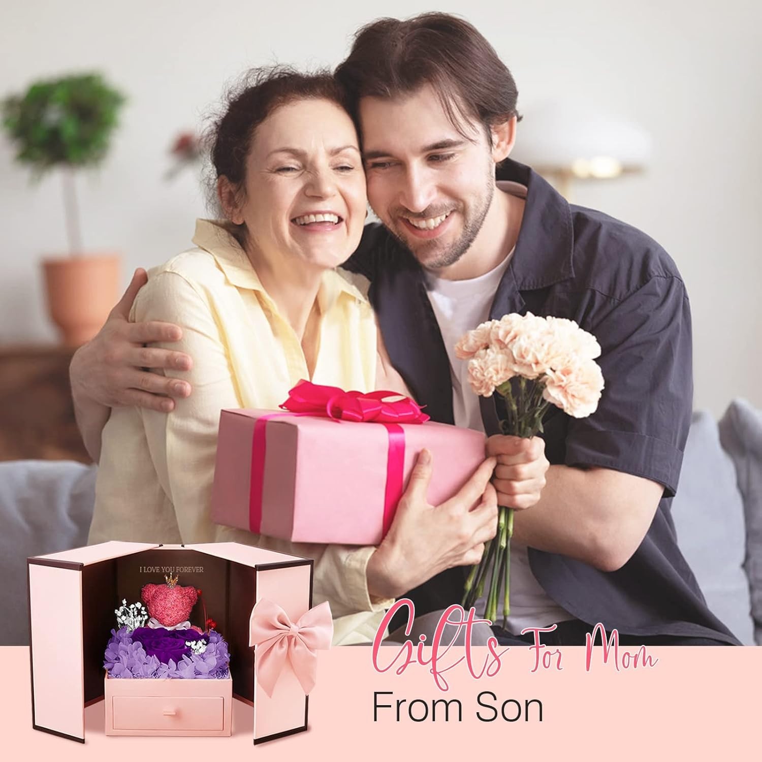 NEW I Love You Gifts for Mom Preserved Flowers Rose Bear Heart Necklace