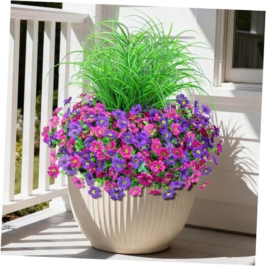 Artificial Flowers for Outdoors, 14 Bundles UV Resistant Fake Double Purple
