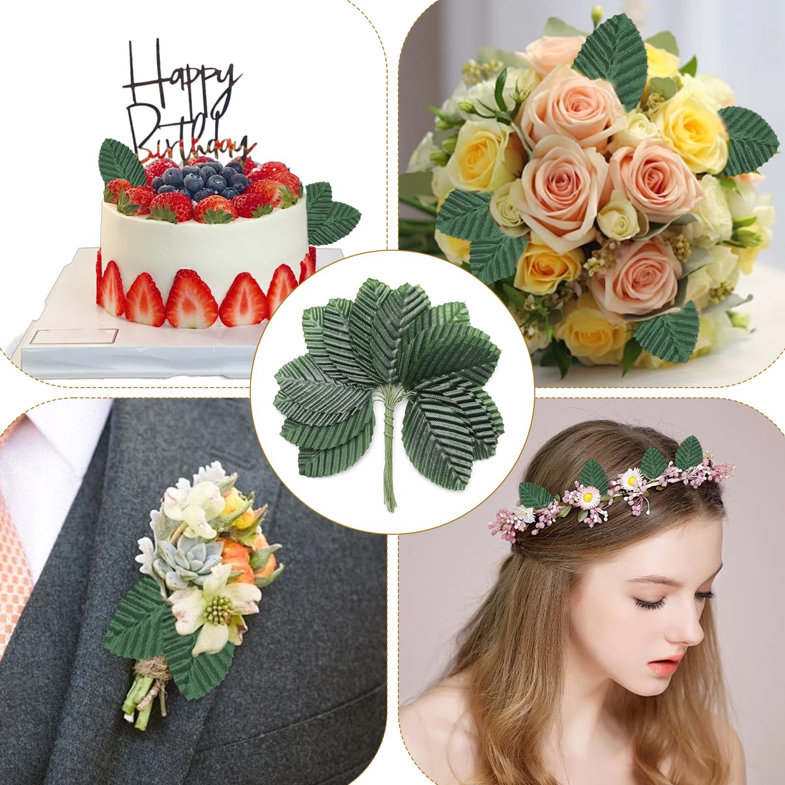 200 Pcs Artificial Leaves, DIY Corsage Single Leaf Crafts with Stems Fake Gre…