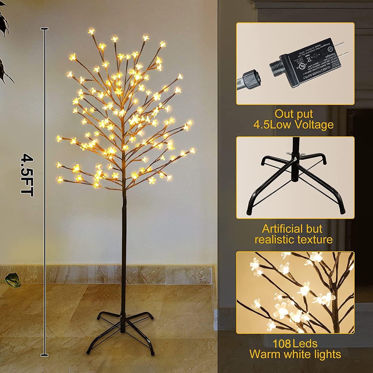 4.5FT Cherry Blossom Tree, 104 LED Warm White Lighted Artificial Tree for Decora