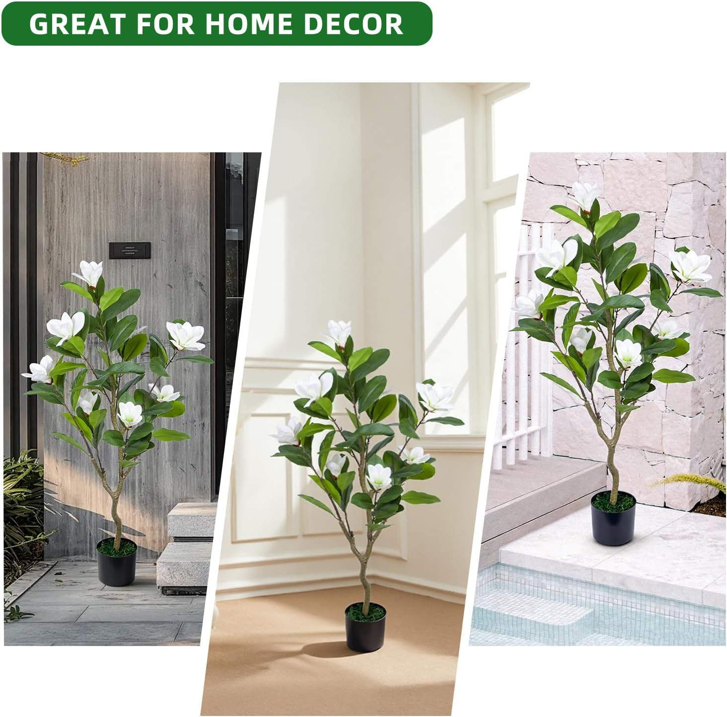 Set of 2 – 45″ Faux Magnolia Trees with Realistic Leaves & Flowers for Decor