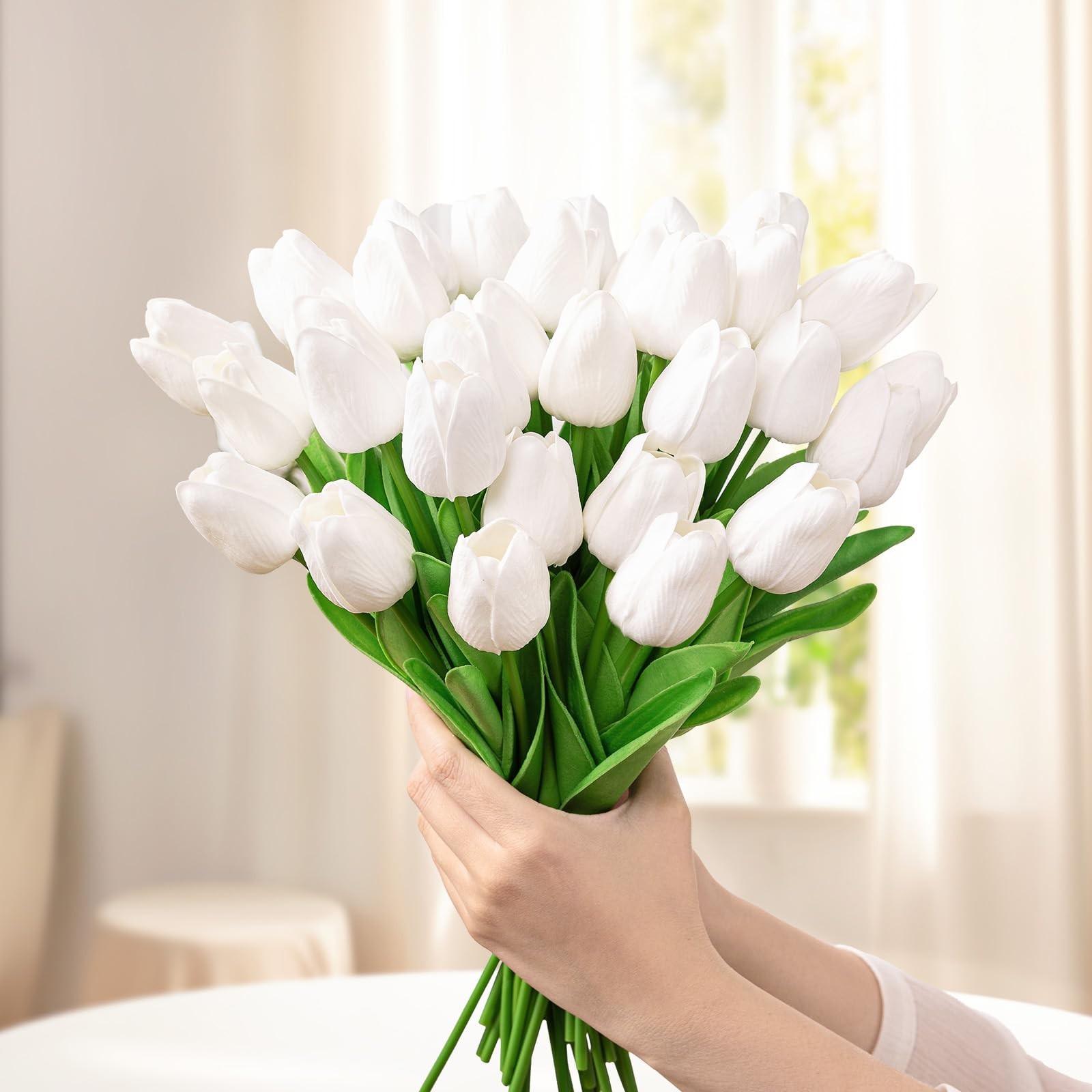 30Pcs Fake Tulips Artificial Flowers with Stems Faux Tulips Bouquet Real Touc…