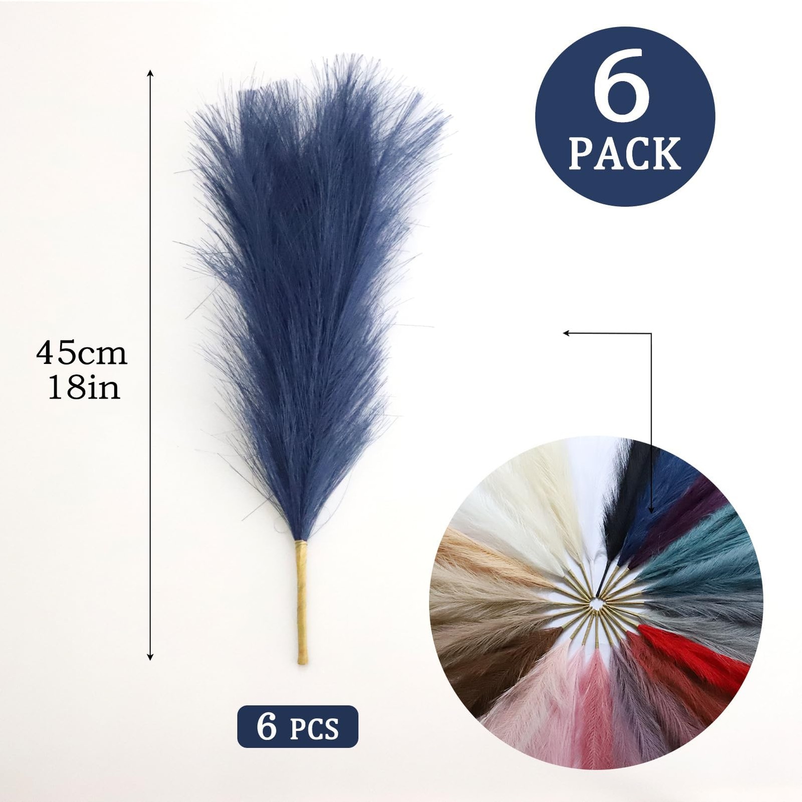Navy Blue Faux Pampas Grass Decor 18-Inch Short 6 Stems Dried Flowers for Sma…