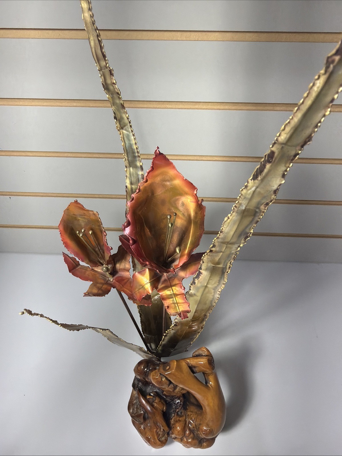 Brutalist Brass Copper Lilies On Burl Wood Stand Mid Century Vintage MCM Floral