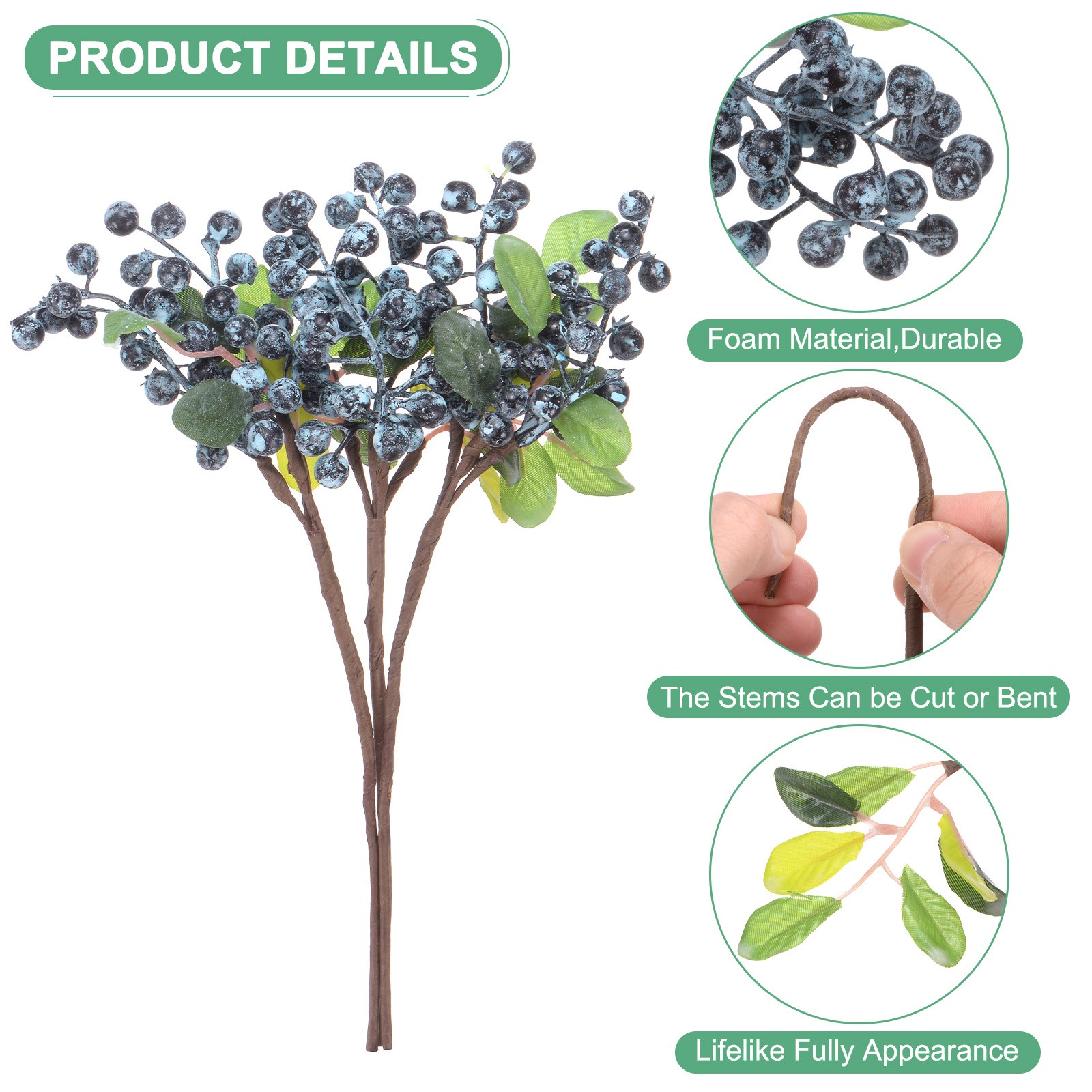 3-Pack Artificial Berry, 9.8 Inch for Home Decor/Wedding [Blueberry]