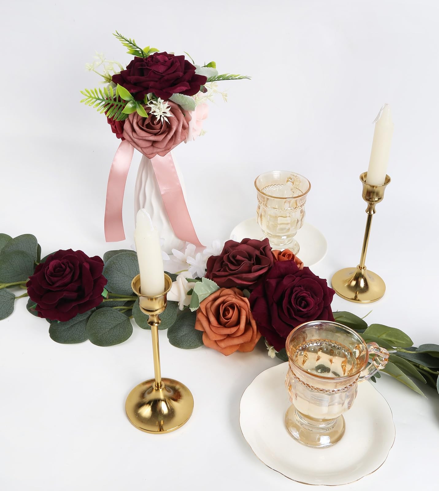 Artificial Velvet Roses 16 PCS Burgundy Maroon Flowers 4.3 Inch Fake Floral