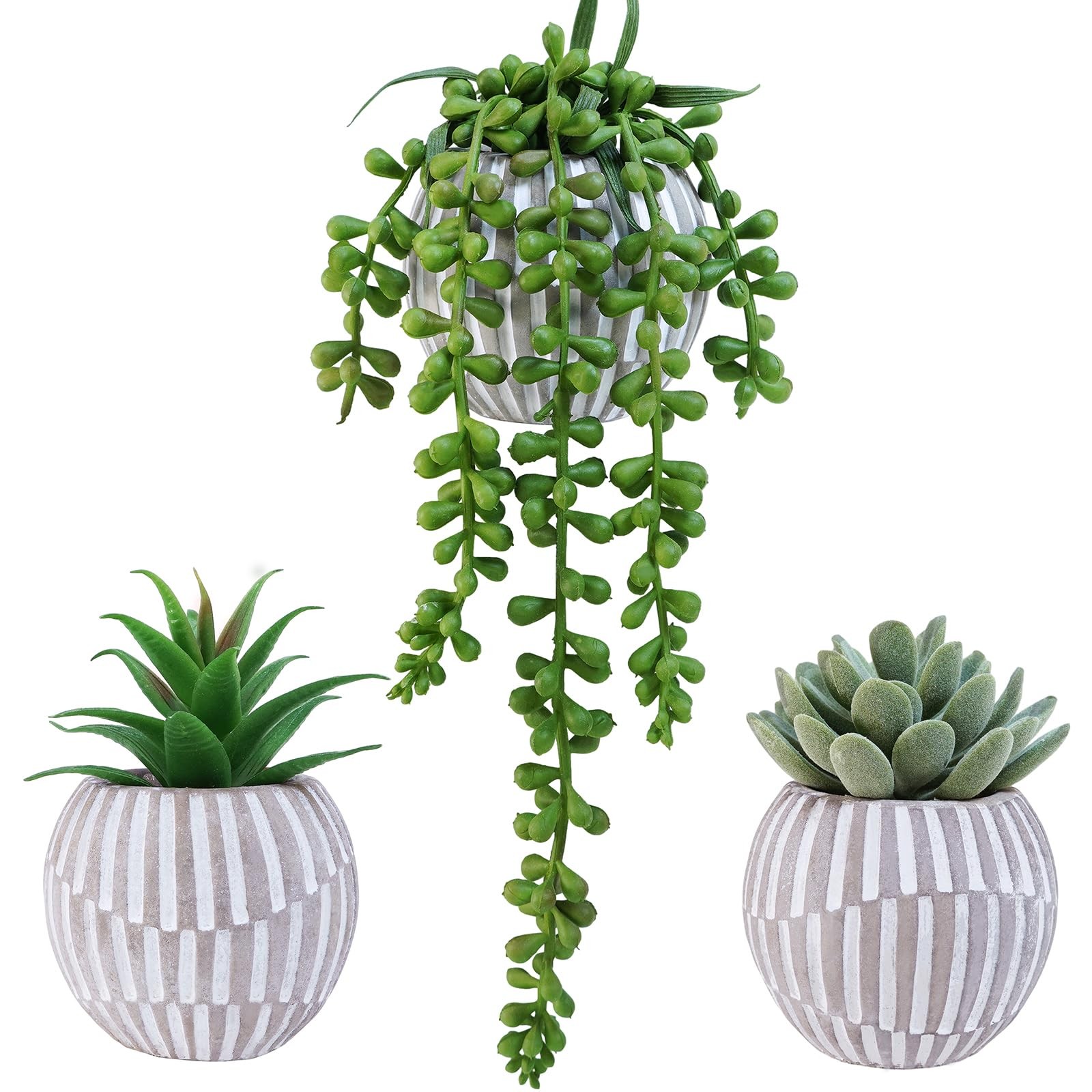 3 Pack Artificial Succulent Plants in Gray Geometric Concrete Pots Fake Aloe …