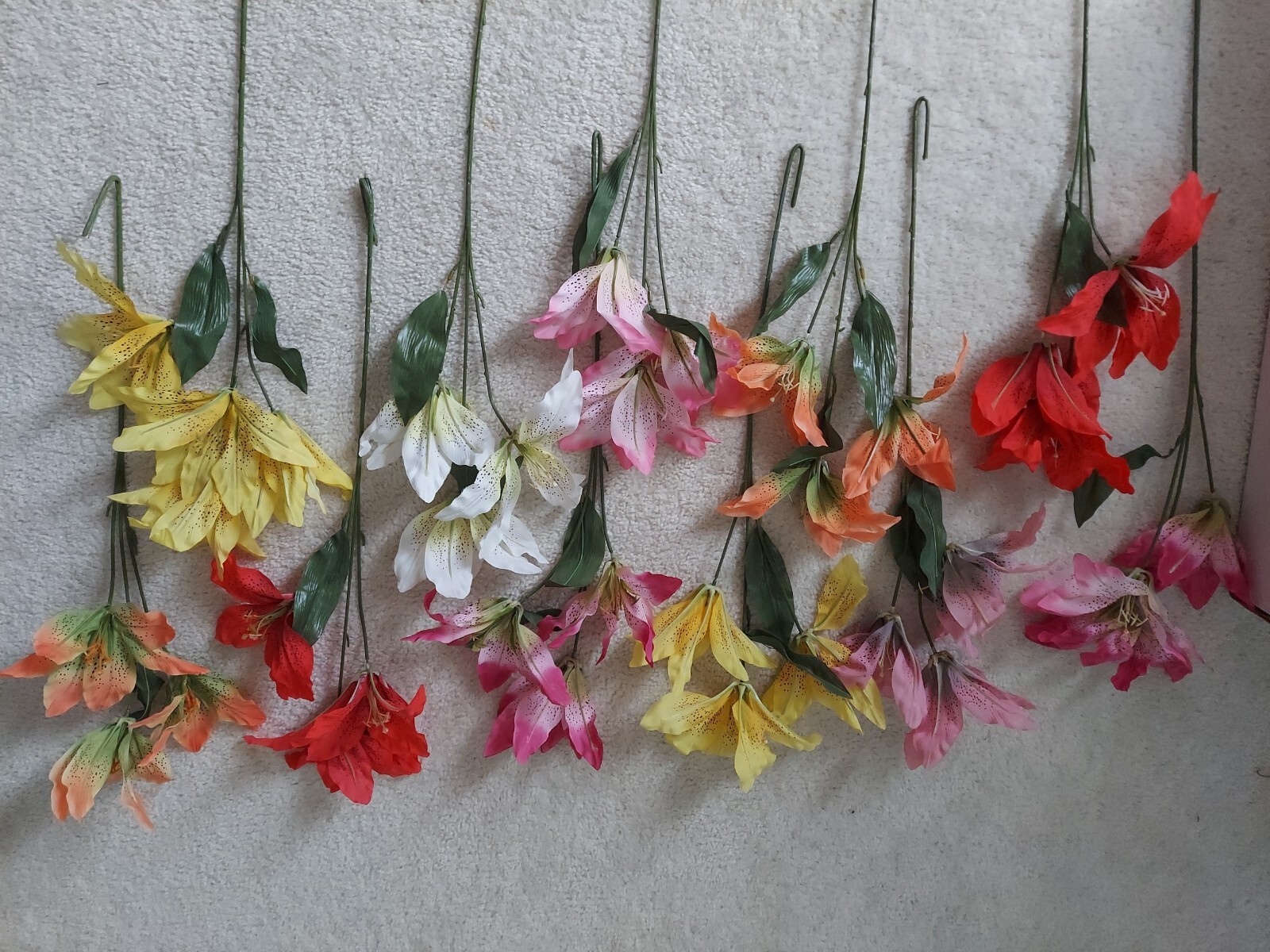 Silk Flowers Set of 11 Pink White Yellow Red Orange Lilies Long Stem