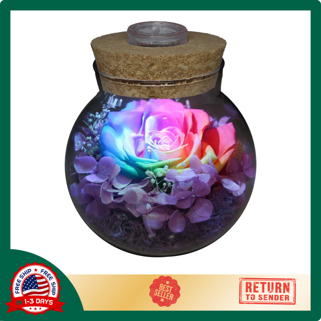 Preserved Real Roses with Colorful Mood Light Wishing Bottle,Eternal Rose,Never