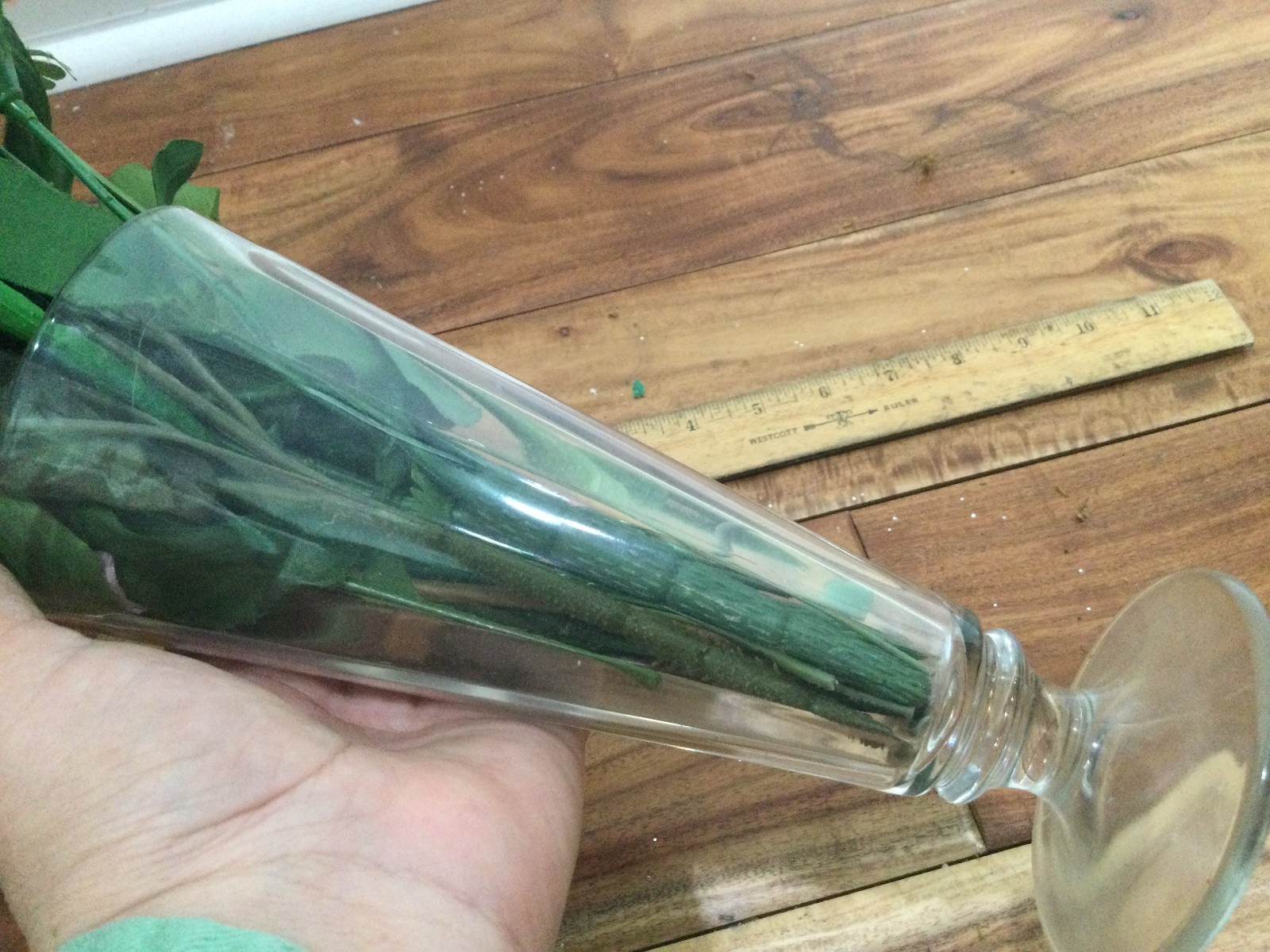 vintage floral arrangement faux flowers silk in a pedestal glass lilies pink