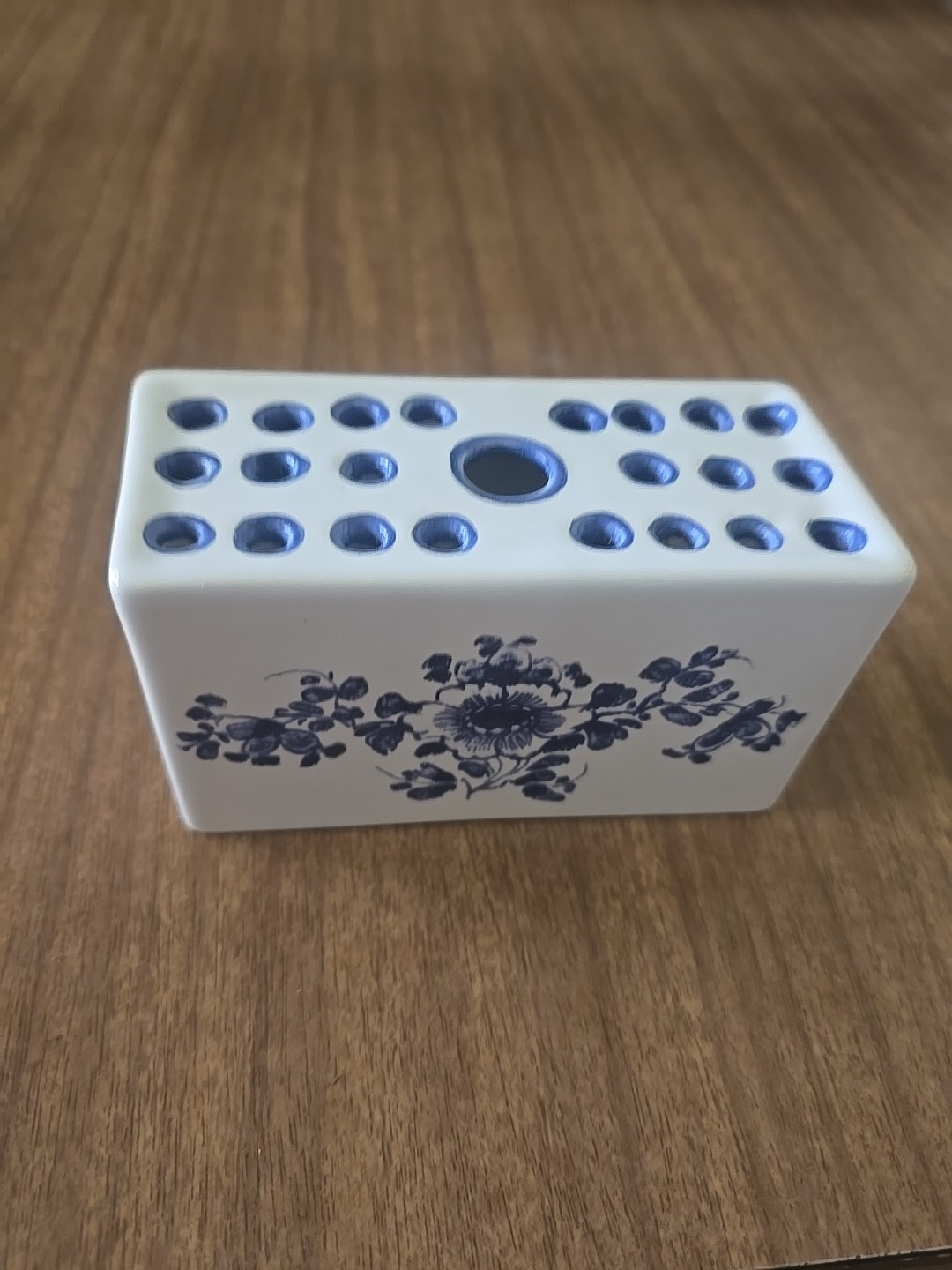 Hand Painted Ceramic Blue and White Flower Frog Vase, 1992 Made in Portugal