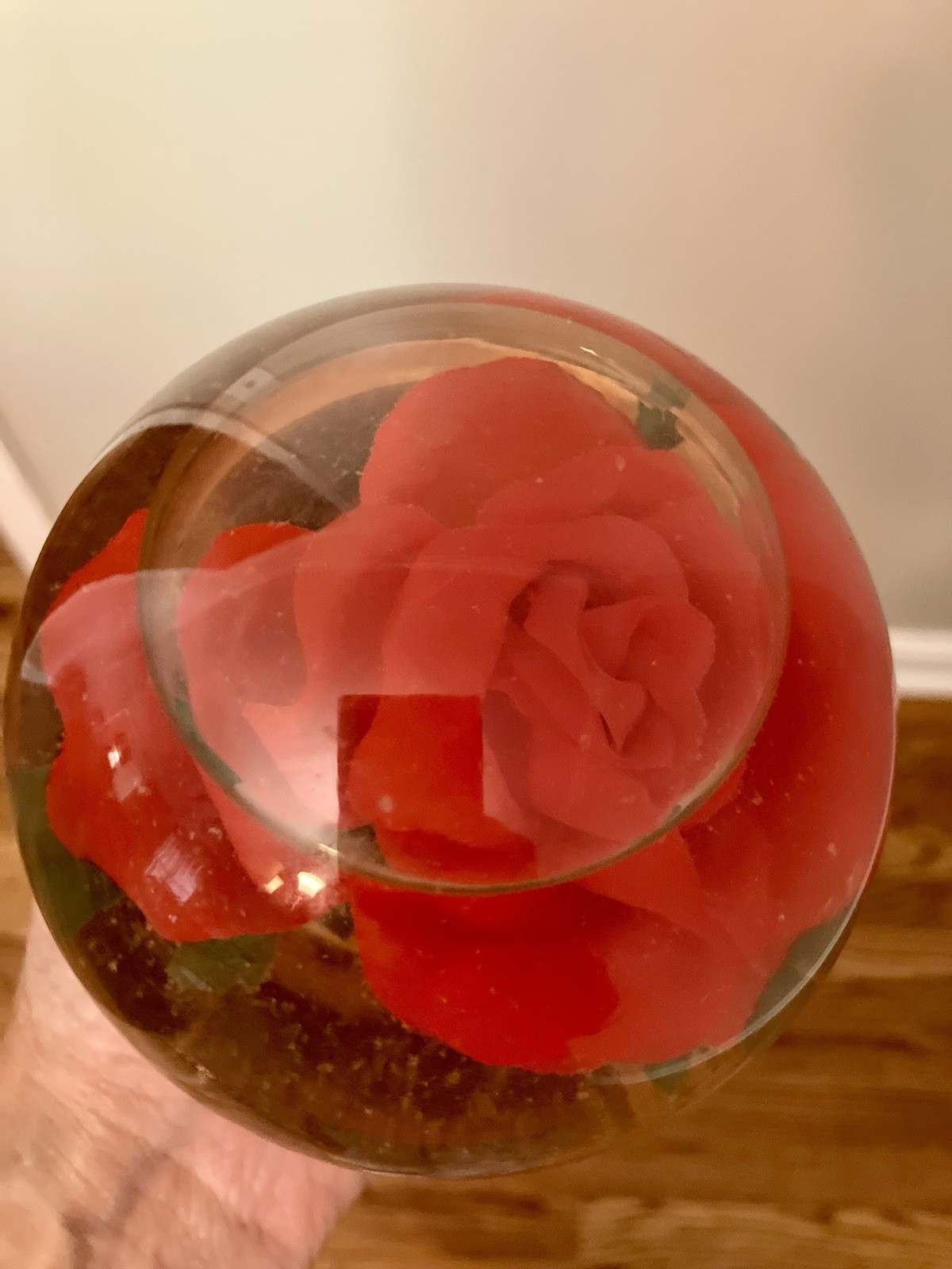 Vintage Preserved Faux Red Flower Rose in Glass Water Dome Globe Wood Pedestal
