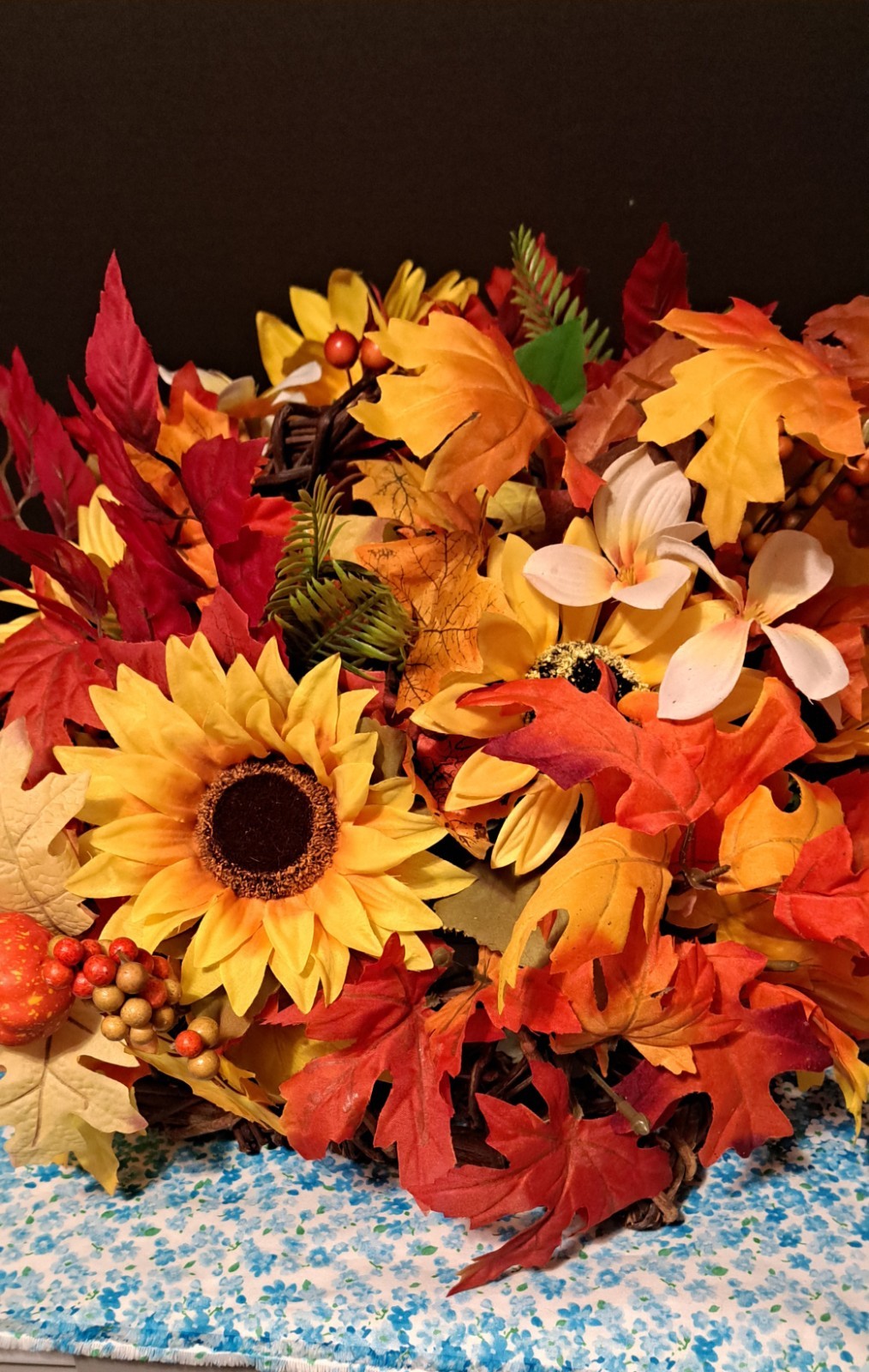 Fall Bouquet In Grapevine Basket Silk flowers Leaves And Berries 17″ X 18″ X 10″
