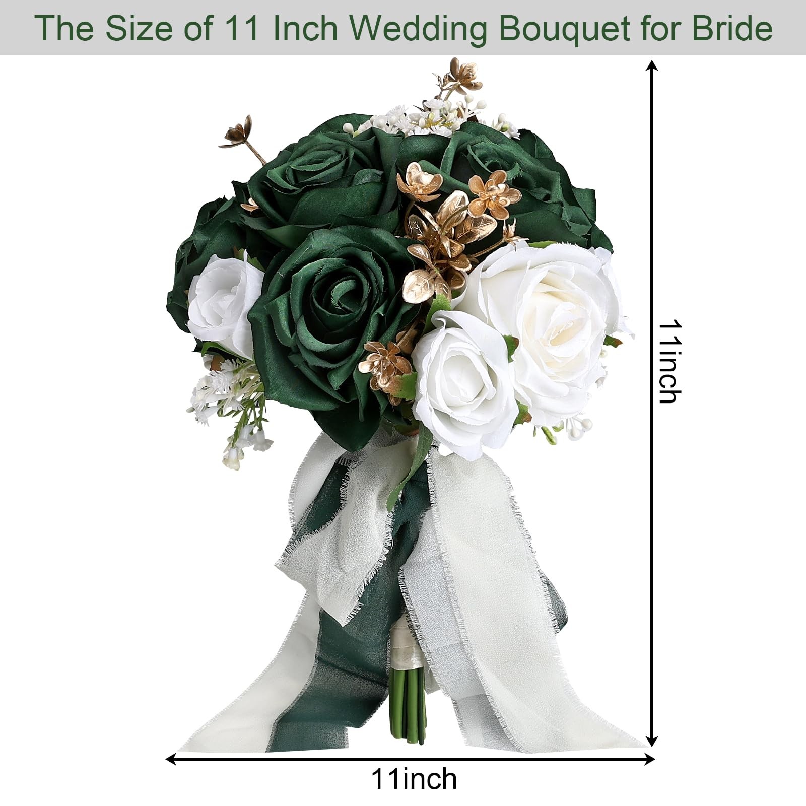 Emerald Green Gold White Artificial Rose Wedding Bouquet Bridal Shower