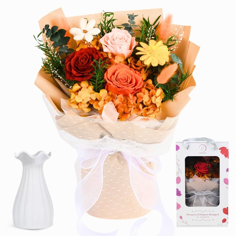 Forever Flowers Bouquet, Preserved Long-Lasting Orange Roses, Vase-Ready Arra…
