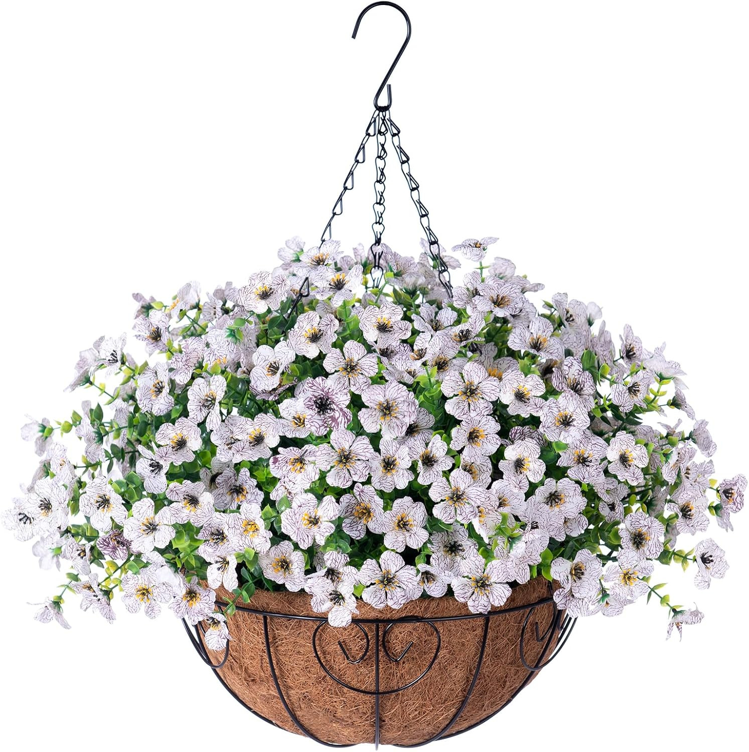Artificial Fake Hanging White Plants Flowers Basket for Outdoor Fall Winter, Fau