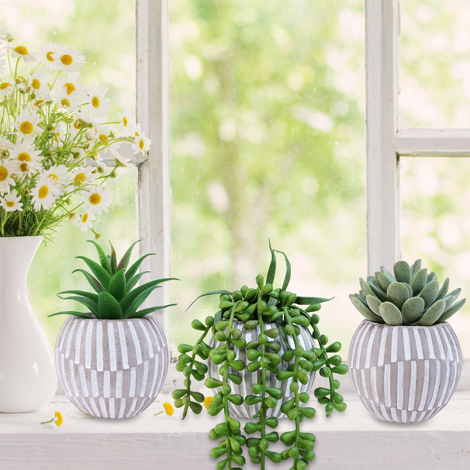 3 Pack Artificial Succulent Plants in Gray Geometric Concrete Pots Fake Aloe …