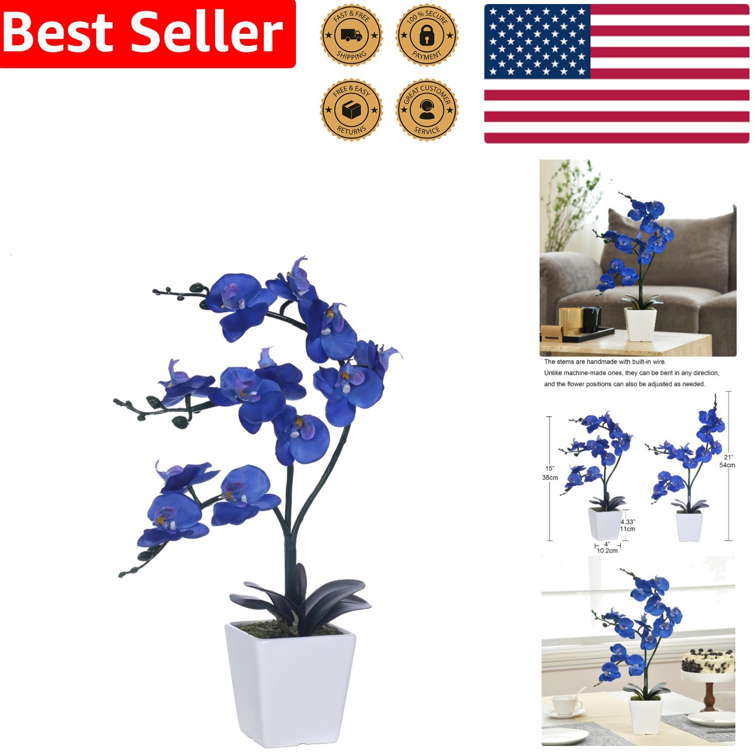 Navy Blue Silk Phalaenopsis Orchid Faux Plant Realistic Artificial Flower Pot