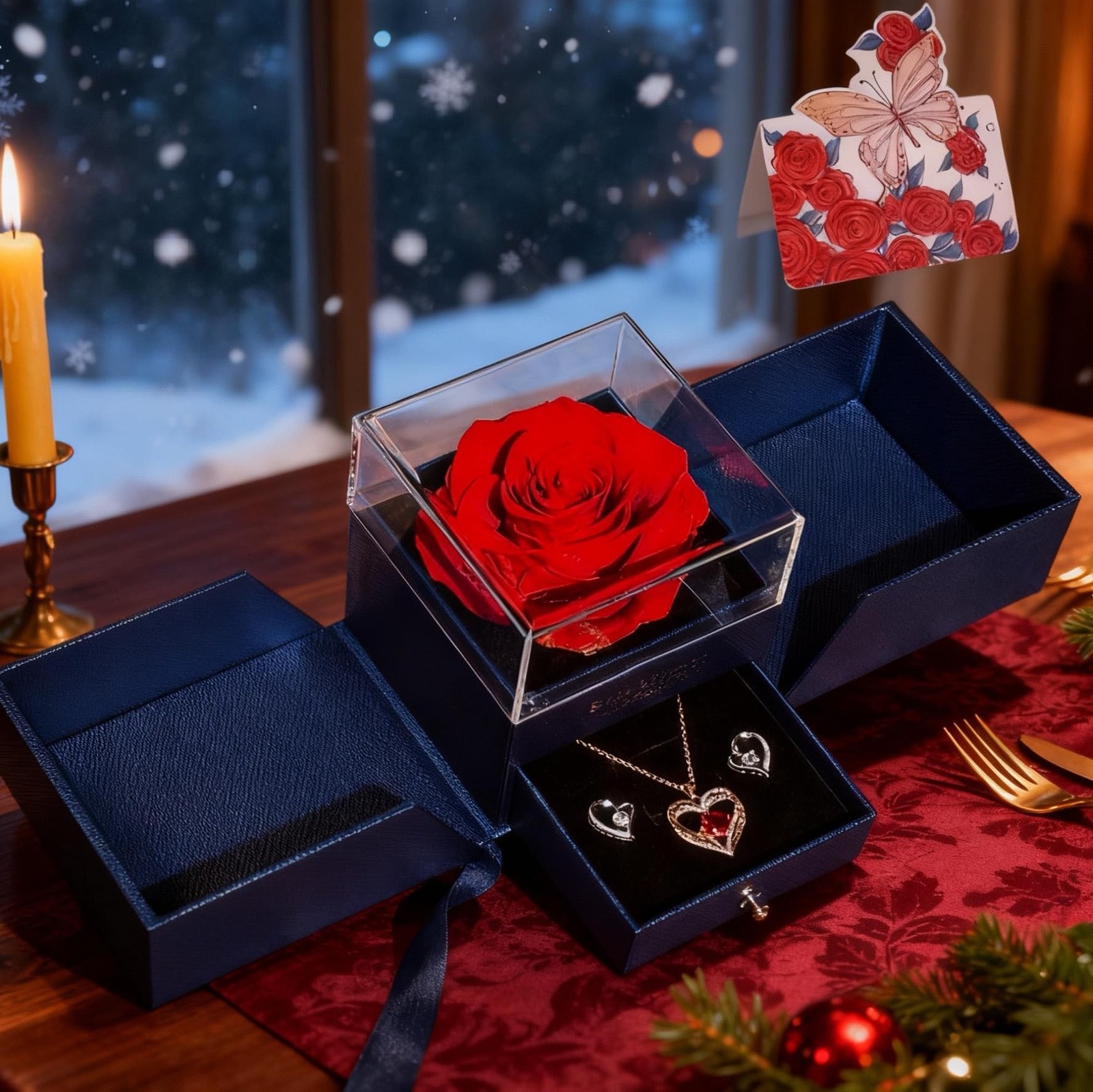 Preserved Red Real Rose with Necklace&Earrings-Eternal Forever Flowers Rose,B…