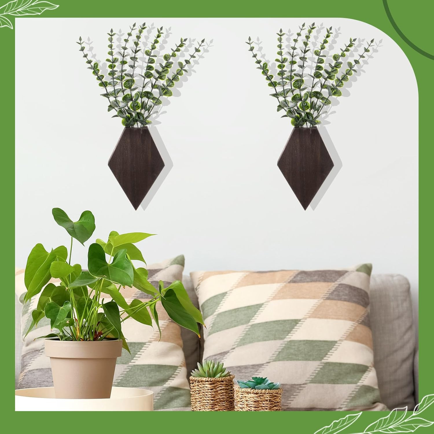 2 Pcs Wooden Wall Planter Decor Hanging Fake Plants Greenery Flowers Holder Vase