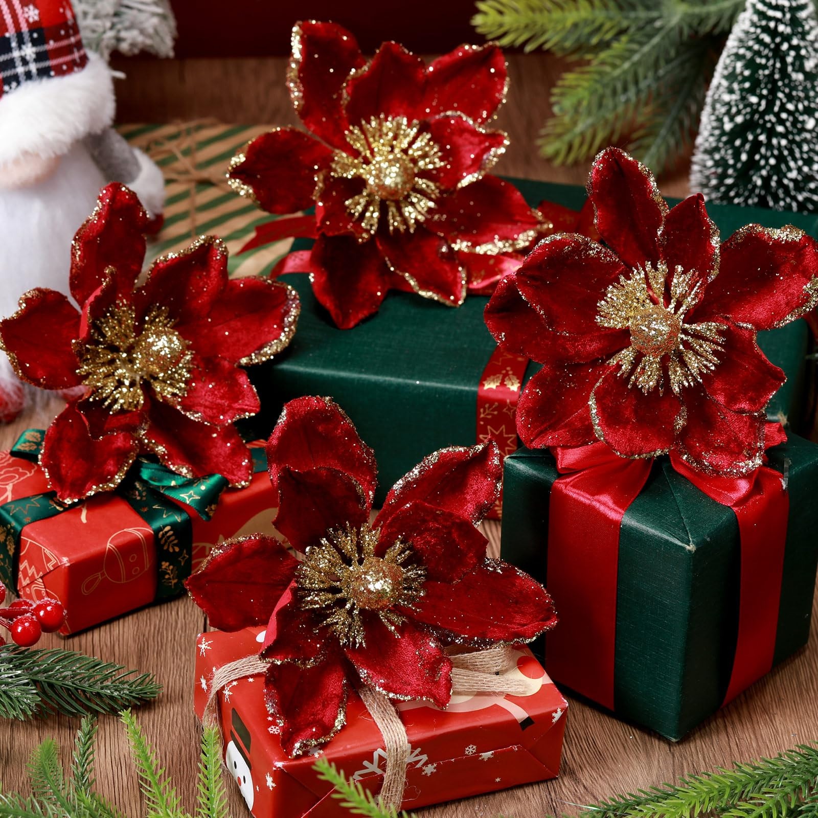 18 PCS 5.9 Inch Christmas Magnolia Flower Artificial Glitter Velvet Wine Red
