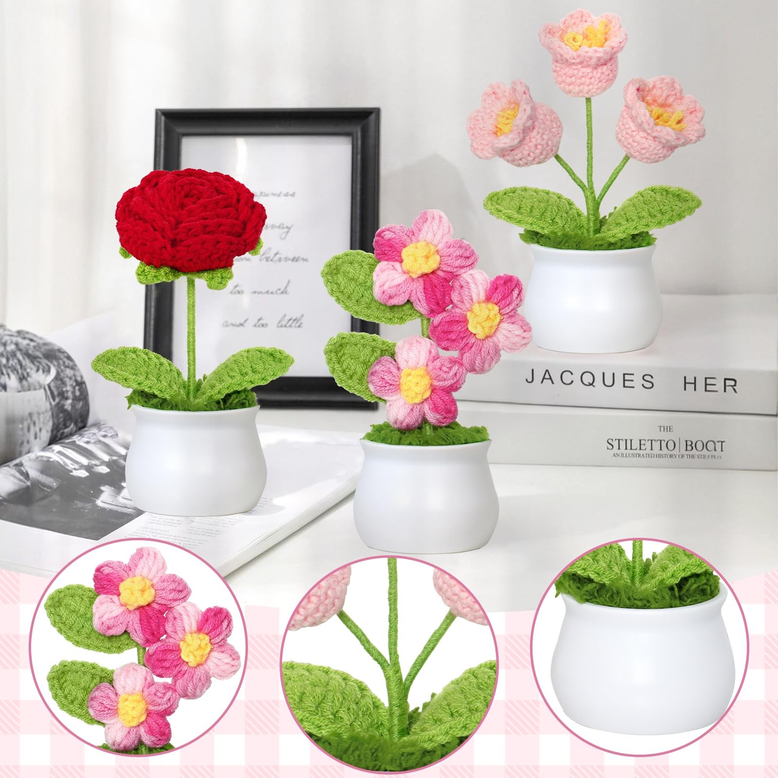 Crochet Flowers Cute Potted Plants Fake Knitted Mini Desk Office Car Decor