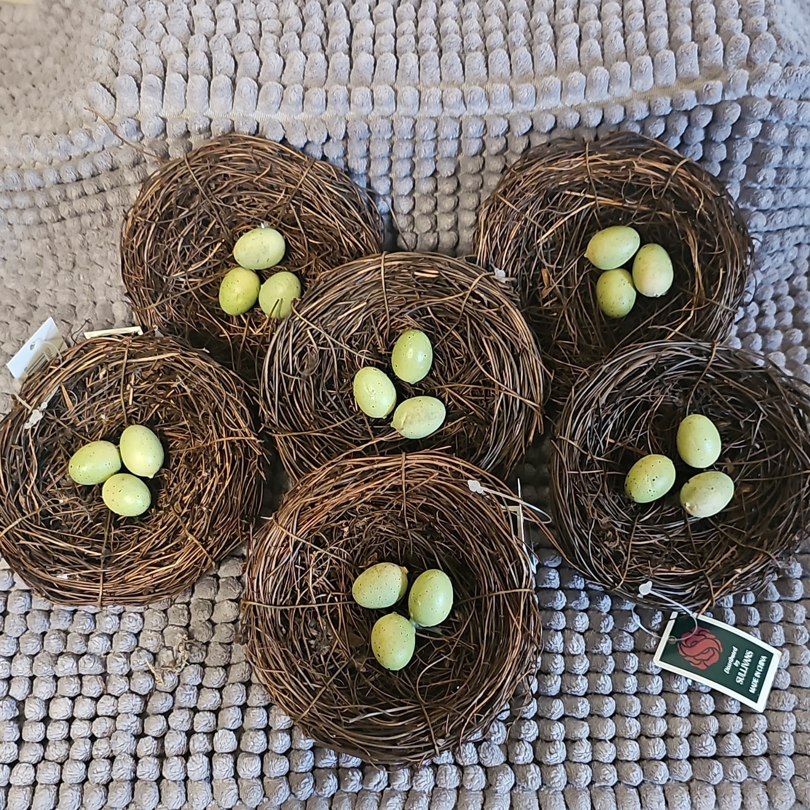 Set of 6 Decorative 4 inch Twig Bird Nests with Green Eggs
