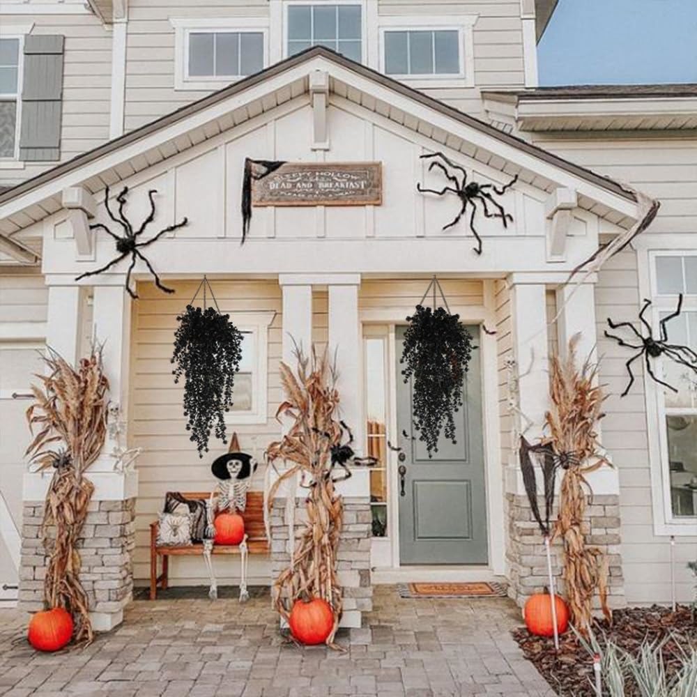 4PCS Black Artificial Hanging Plants Flowers for Halloween Party Gothic Decor