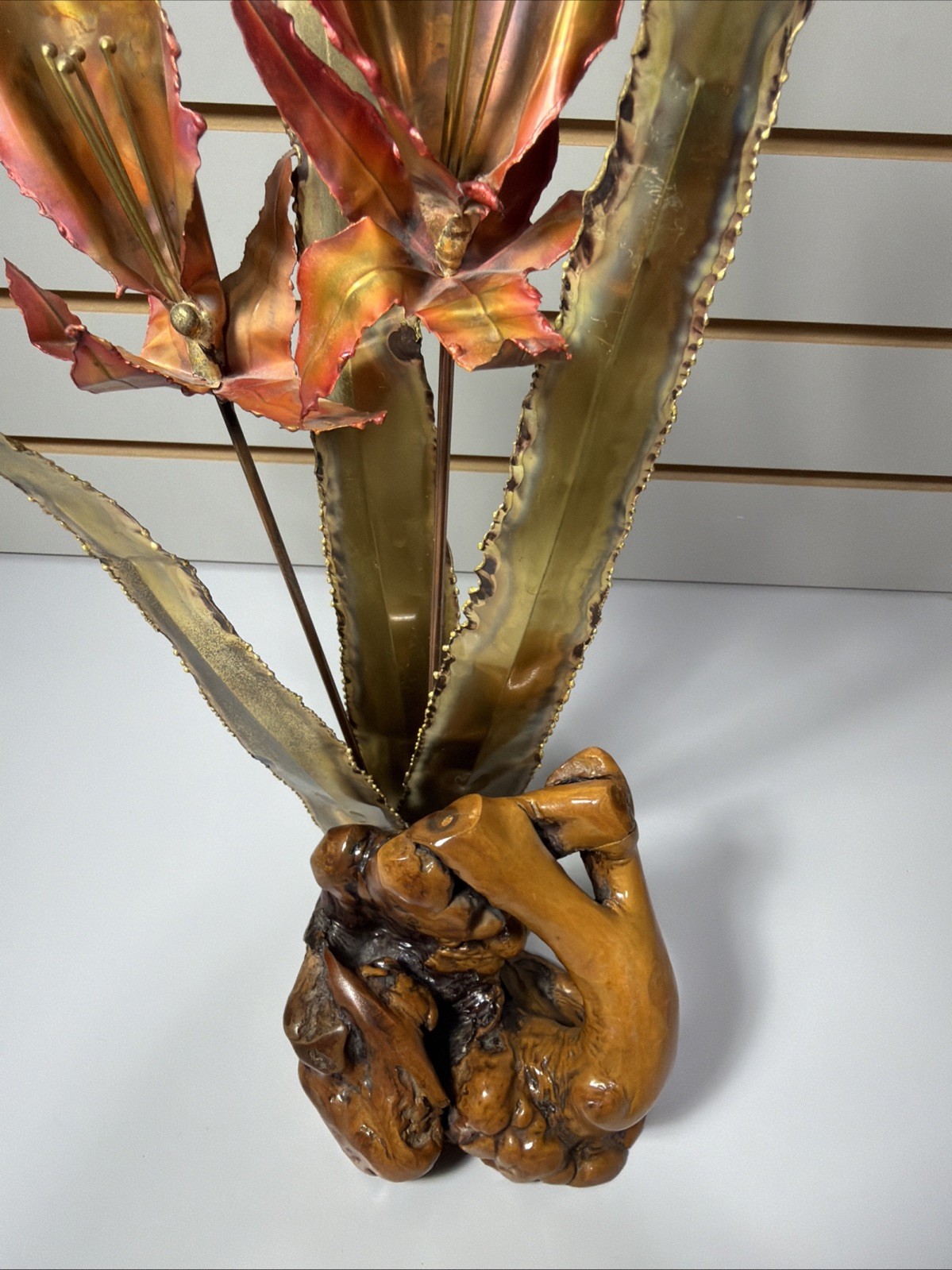 Brutalist Brass Copper Lilies On Burl Wood Stand Mid Century Vintage MCM Floral