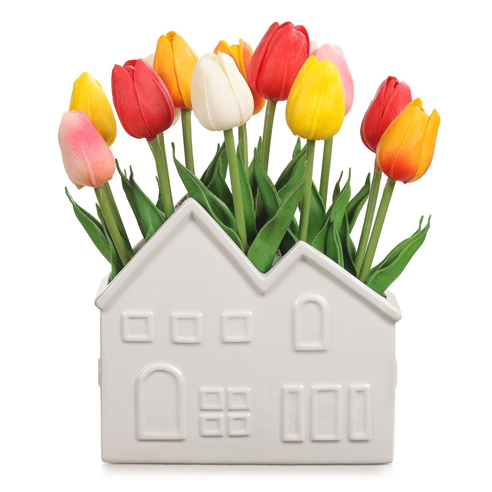 Artificial Tulips Flowers in Ceramic Pot, Real Touch Fake Tulips PU Flower Ar…