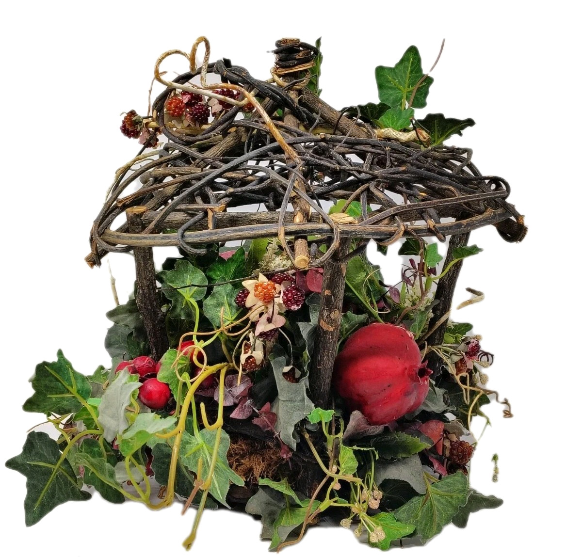 Hanging Wicker Twig Basket Faux Vine Berry Floral Arrangement Gazebo Bird Cage
