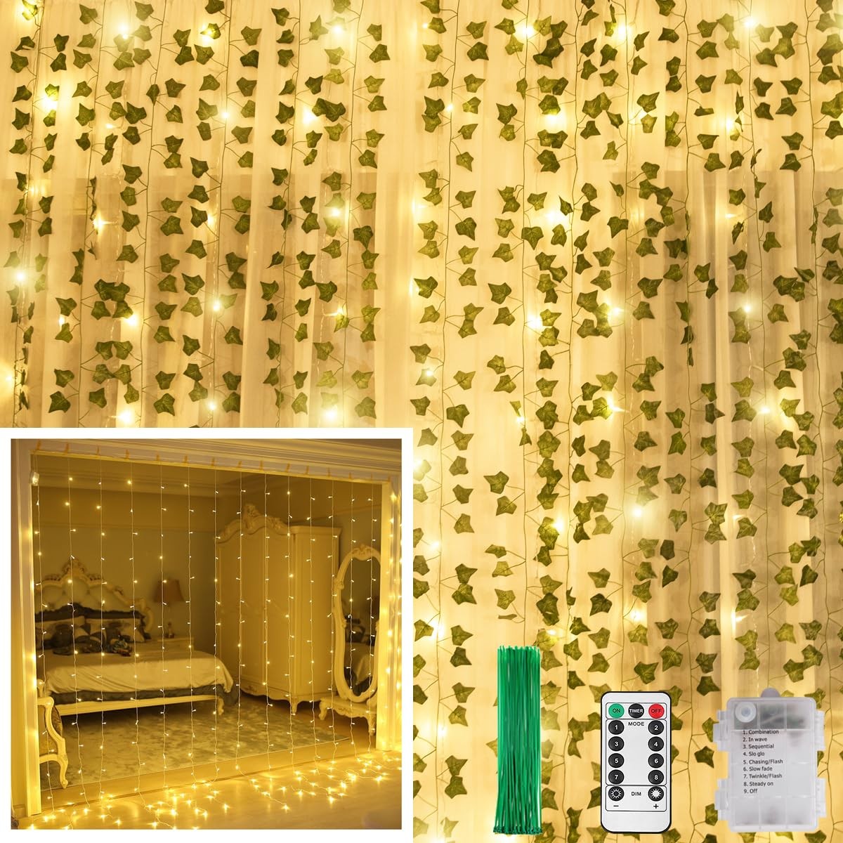12 Pack Artificial Ivy Leaf Plants with 240 LED Window Curtain String Lights,…