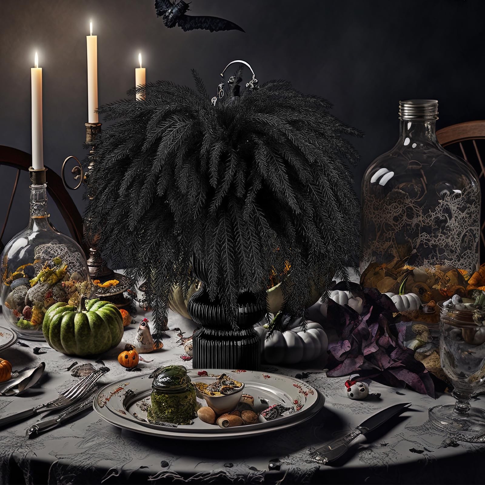 12 PCS Halloween Artificial Black Norfolk Pine Branch Faux Flowers 17.7 Inch