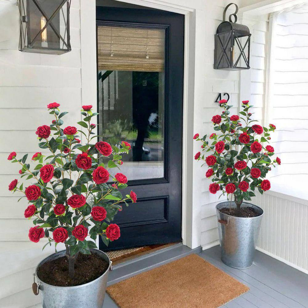 2-Piece 3.6 Ft. Artificial Camellia Tree in Black Pot with 32 Red Flowers and Dr