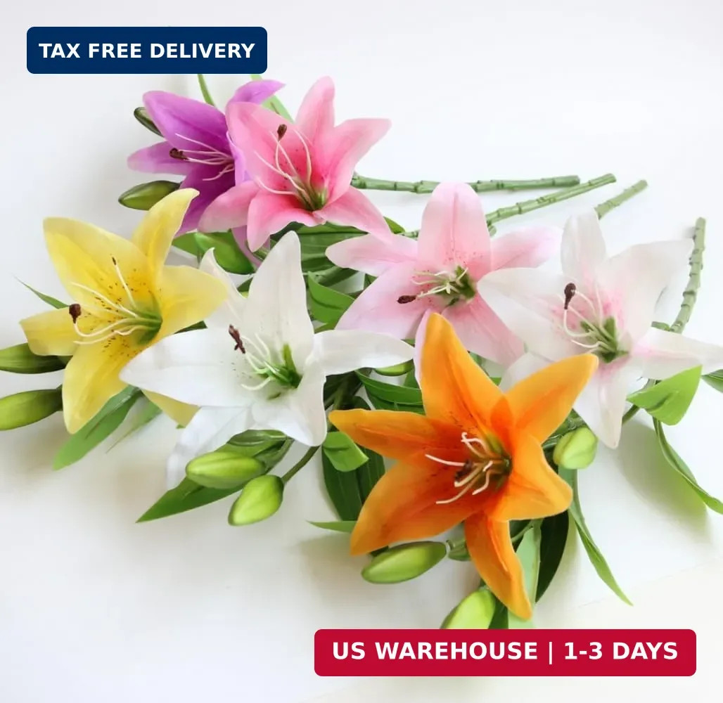 6 Bundles Artificial Tiger Lily Flowers White Touch Lilies Flower Bouquet Faux F