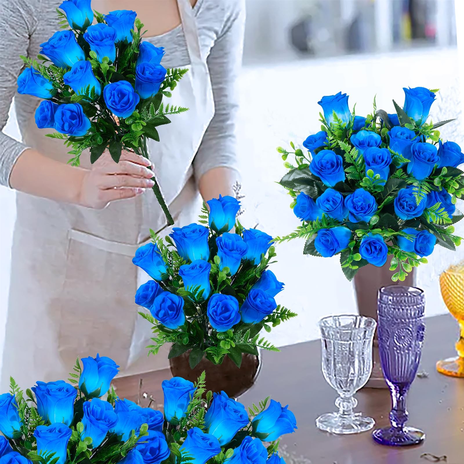 4 PCS Blue Artificial Rose Flowers Silk Fake Bouquet Wedding Party Centerpiece
