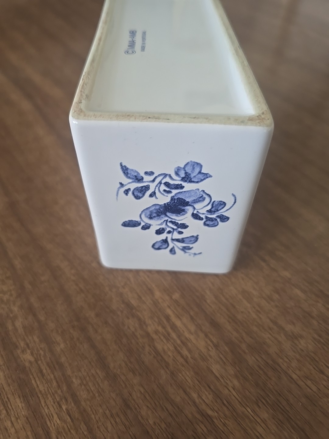 Hand Painted Ceramic Blue and White Flower Frog Vase, 1992 Made in Portugal