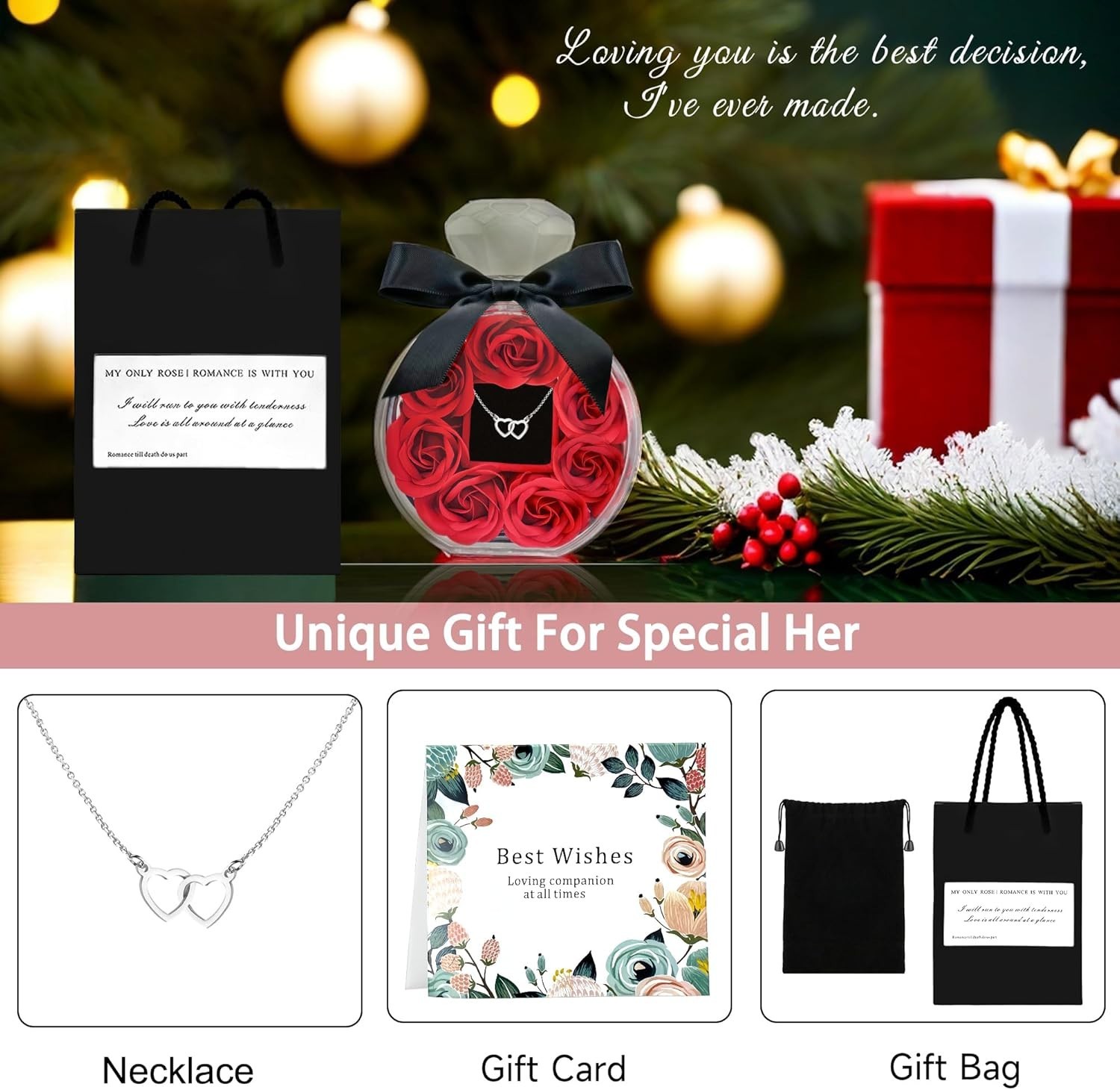 Roses Bouquet Artificial Flower – Preserved Red Rose Flowers with Love Necklace