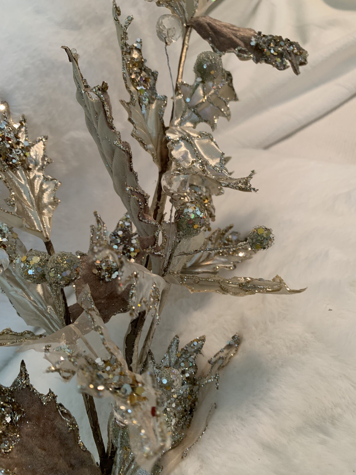 30” Leaf Cluster Floral Stem Decor Platinum Jeweled Glitter Christmas Wedding